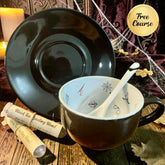 Jet black Halloween tea leaf reading teacup and saucer set with free course badge