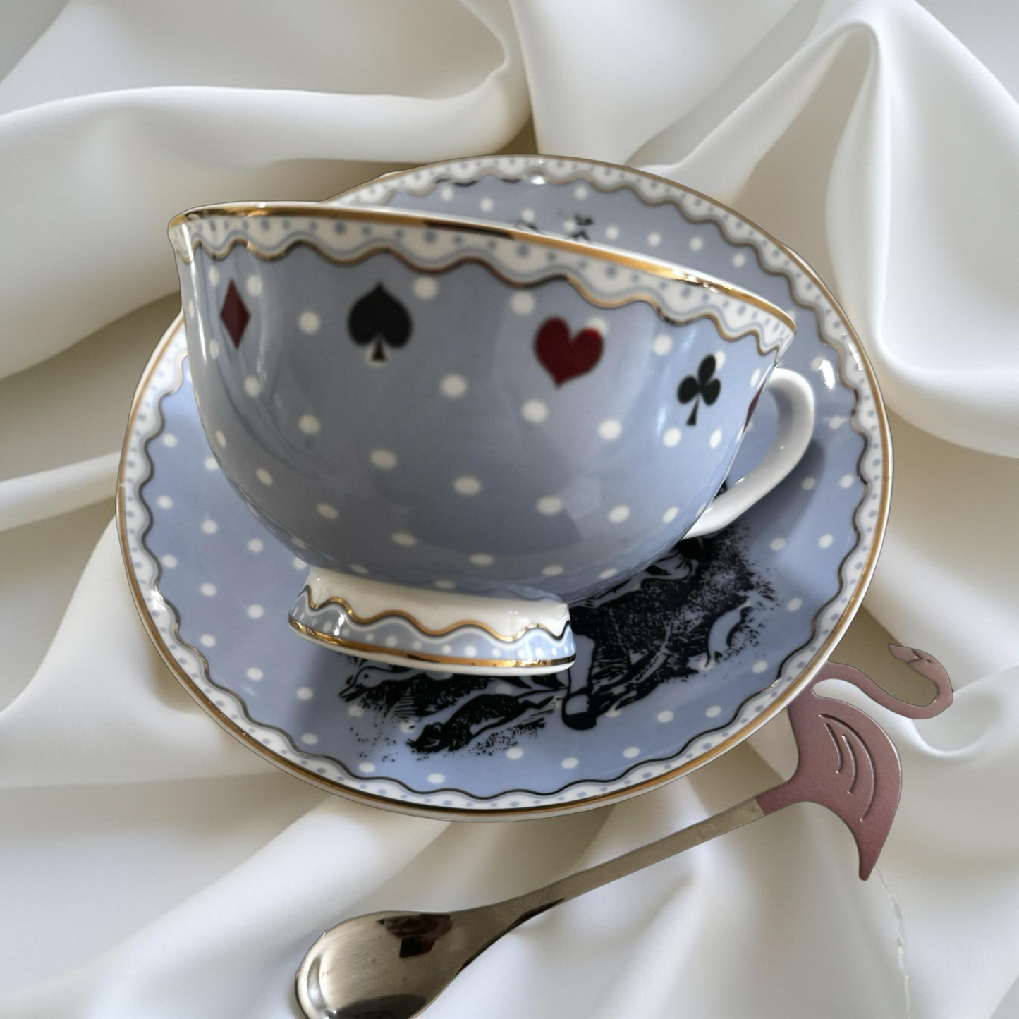 Alice in Wonderland Pale Blue Polka Dots Tea Set – Tea Leaf Reading Kit + Free Oracle Cards & Course