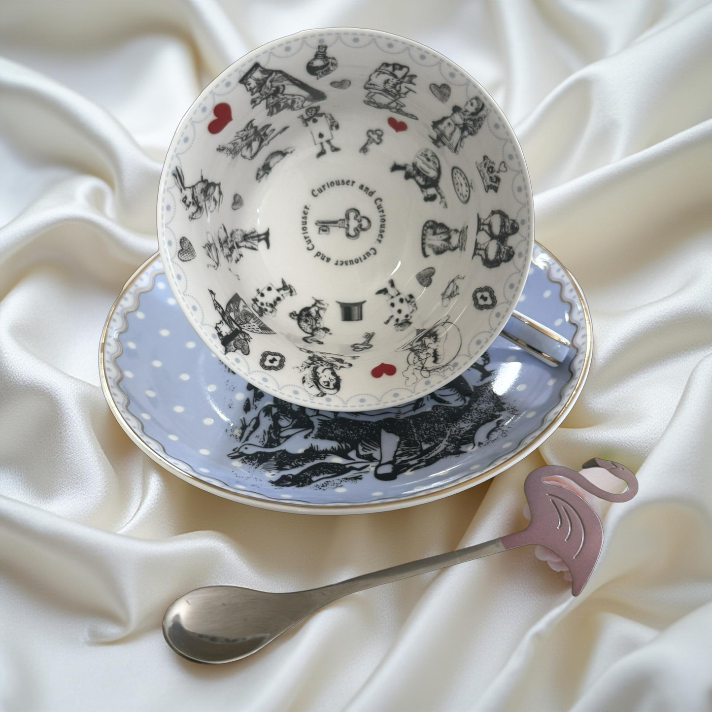 Alice in Wonderland Pale Blue Polka Dots Tea Set – Tea Leaf Reading Kit + Free Oracle Cards & Course