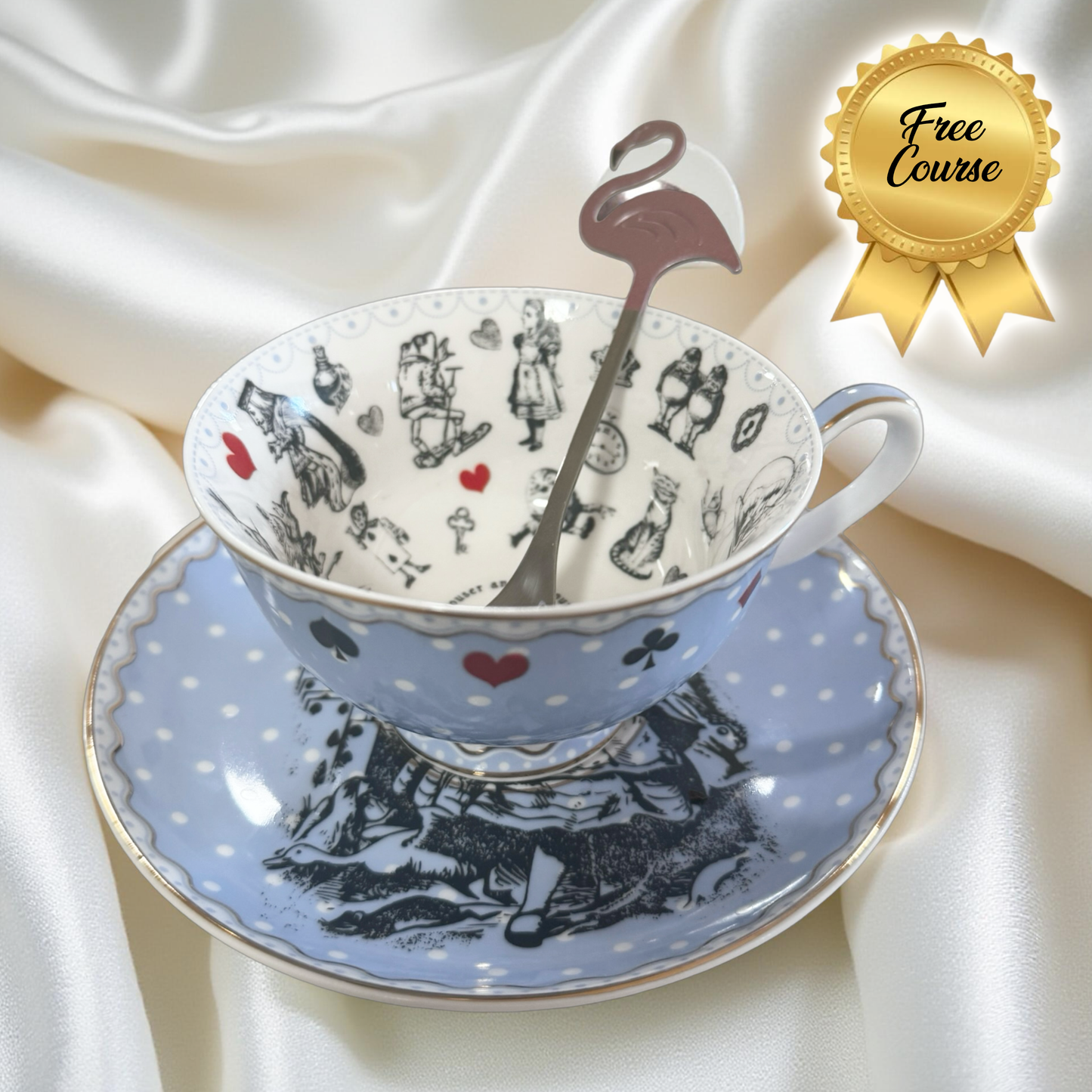 Alice in Wonderland Pale Blue Polka Dots Tea Set – Tea Leaf Reading Kit + Free Oracle Cards & Course