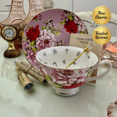 Pink red rose floral tea leaf reading cup set with gold crystal teaspoon, loose-leaf tea tube samplers and saucer, displayed with Fortune Telling Teacup card