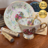 Vintage teacup and saucer with floral design on a wooden surface, accompanied by tea packaging.