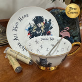 Gothic Alice in Wonderland fortune teller teacup and saucer with Cheshire Cat, flamingo spoon, tea reading blends and free course badge