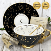 Black Zodiac Tea Leaf Reading Teacup and Saucer Set with 24kt gold zodiac symbols