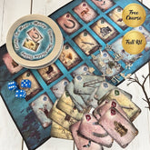 Tea cards with illustrations, dice, and a tin on a wooden surface