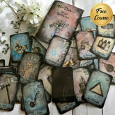 MysTEAcal Tea Leaf Reading Cards 45-card deck with gold teaspoon in cotton drawstring bag