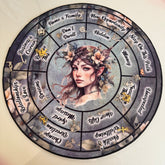 Woodland Whispers Velvet Charm Casting Mat — overhead view of circular velvet mat with fairy elf portrait centre and life sector sections with silver and gold charms on cream surface | Tea Leaf Reader
