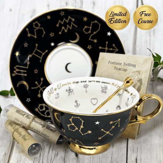 Black Zodiac Tea Leaf Reading Cup with 24kt Gold