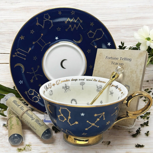 Navy blue fortune teller teacup and saucer for tea leaf reading