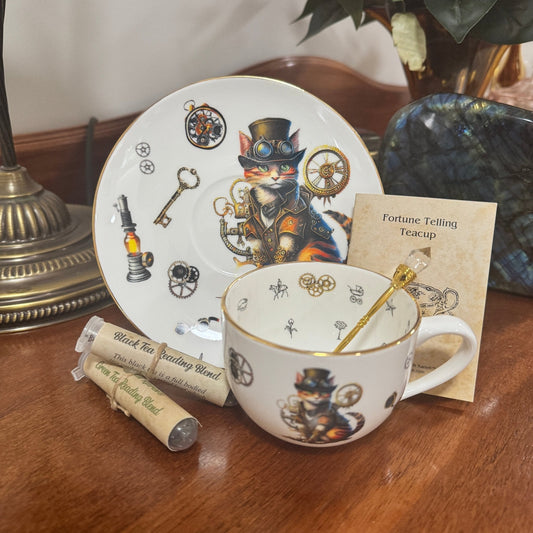 Steampunk Cat tea leaf reading cup and saucer with 24kt gold trim
