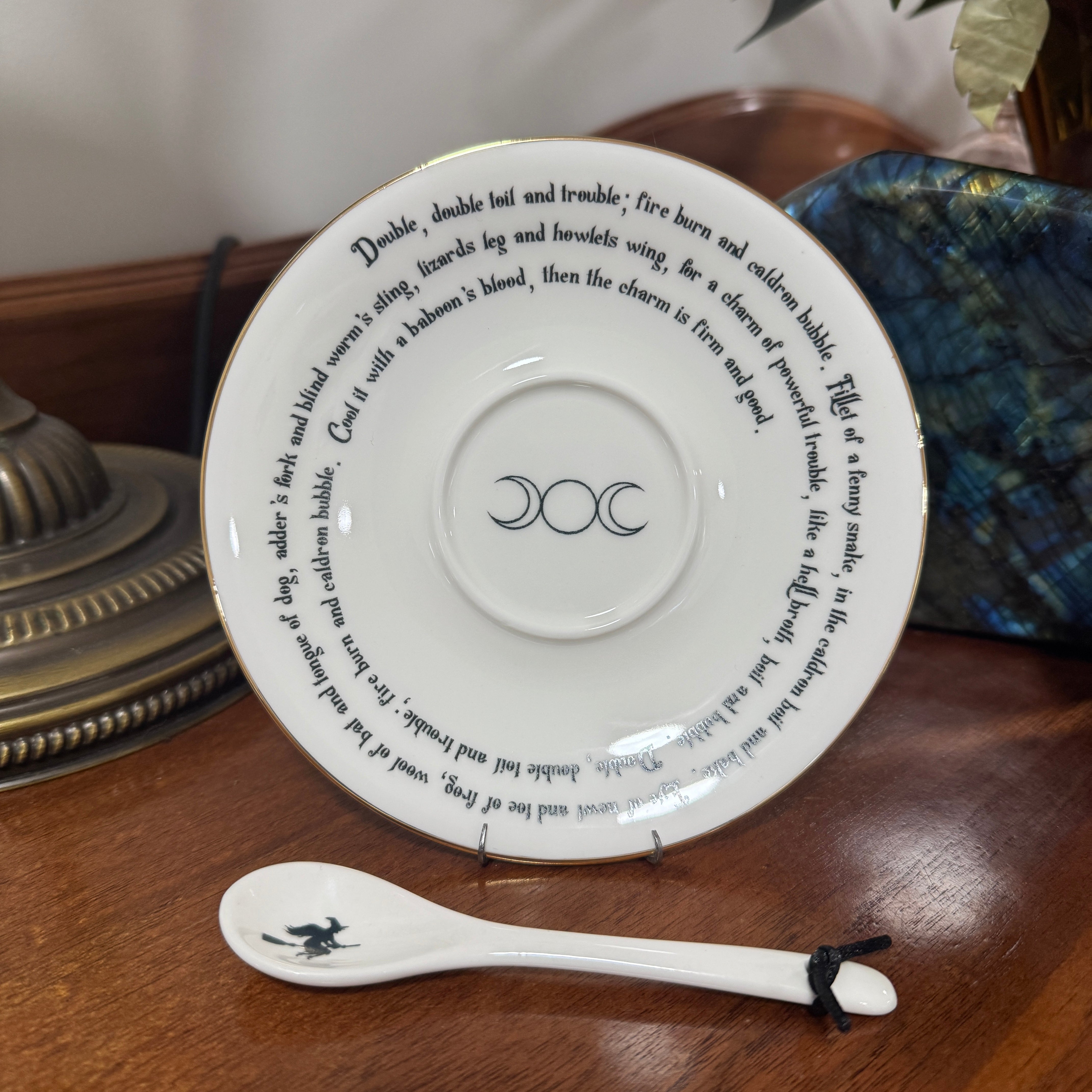 Witches Brew Tea Leaf Reading Teacup Set 227 – Detailed view of white new bone china witches brew teacup showing gold divination symbols
