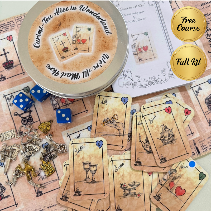 Curated Tea Alice in Wonderland kit with cards, dice, and tins on a patterned background