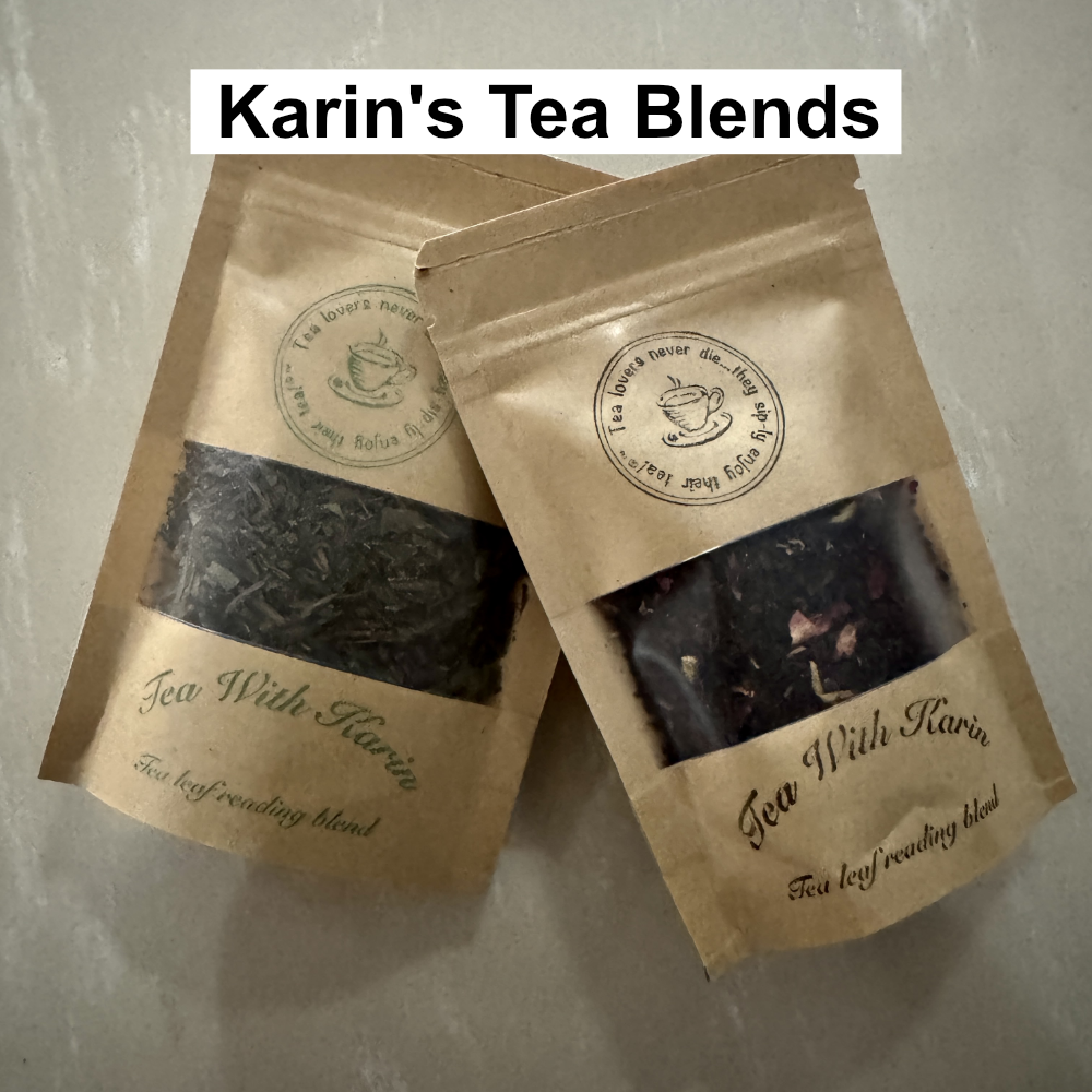 Two open brown paper bags of Karin's Tea Blends with visible tea leaves