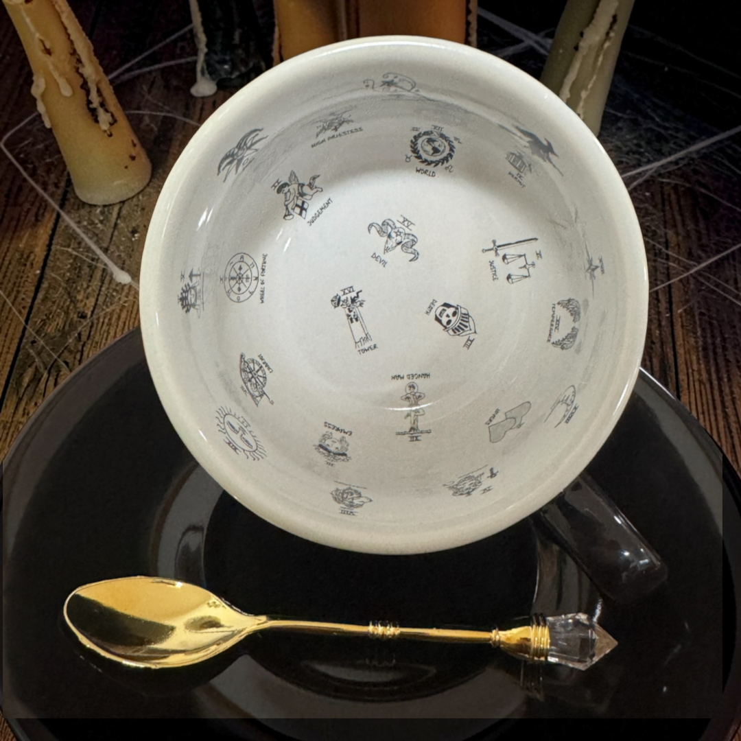 Inside the Black Witchy Tarot teacup showing the 22 Major Arcana symbols