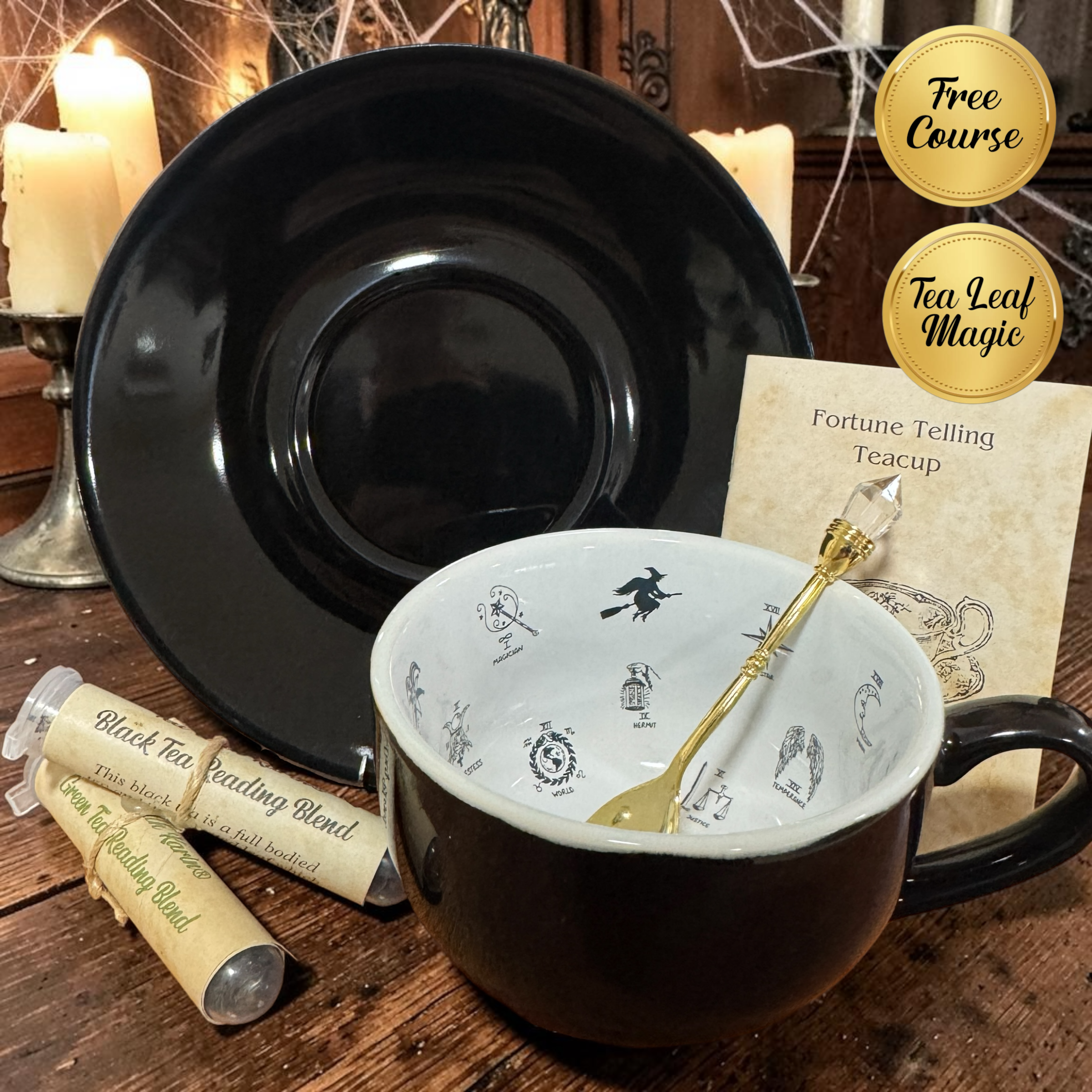 Black Witchy Tarot teacup and saucer with tea reading blends and free course badge