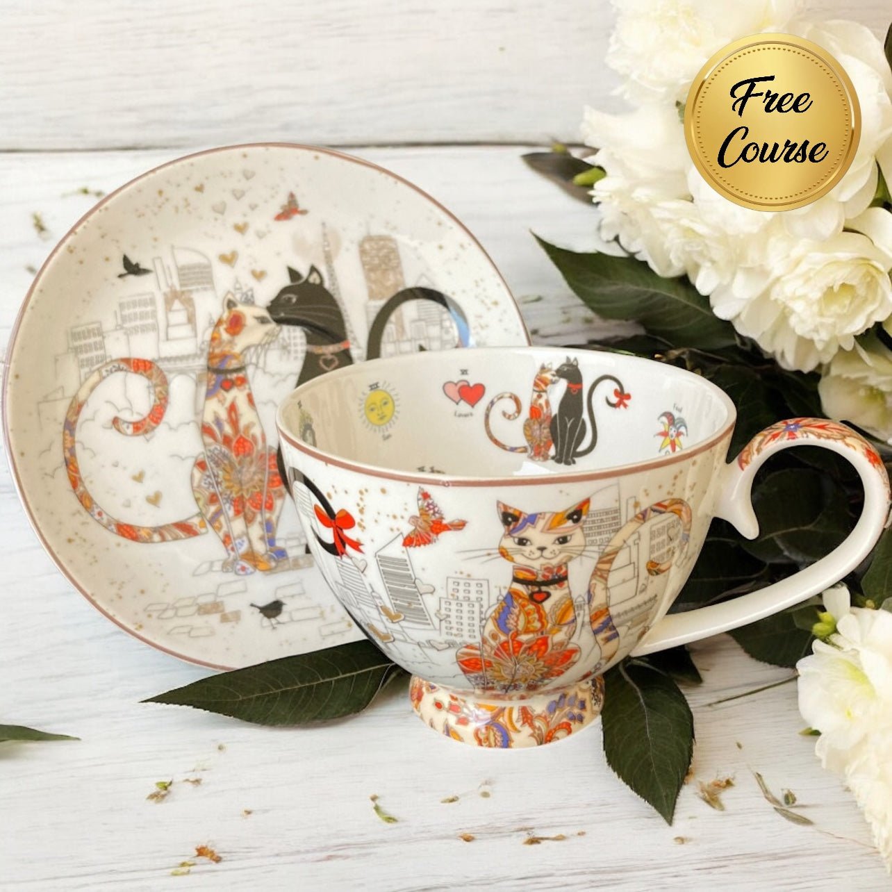 Decorative teacup and saucer with cat designs on a white wooden surface with flowers.