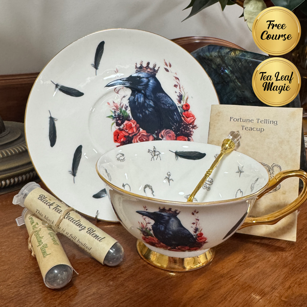 Tea cup and saucer with crow design on a wooden surface, accompanied by tea leaves and a free course offer.