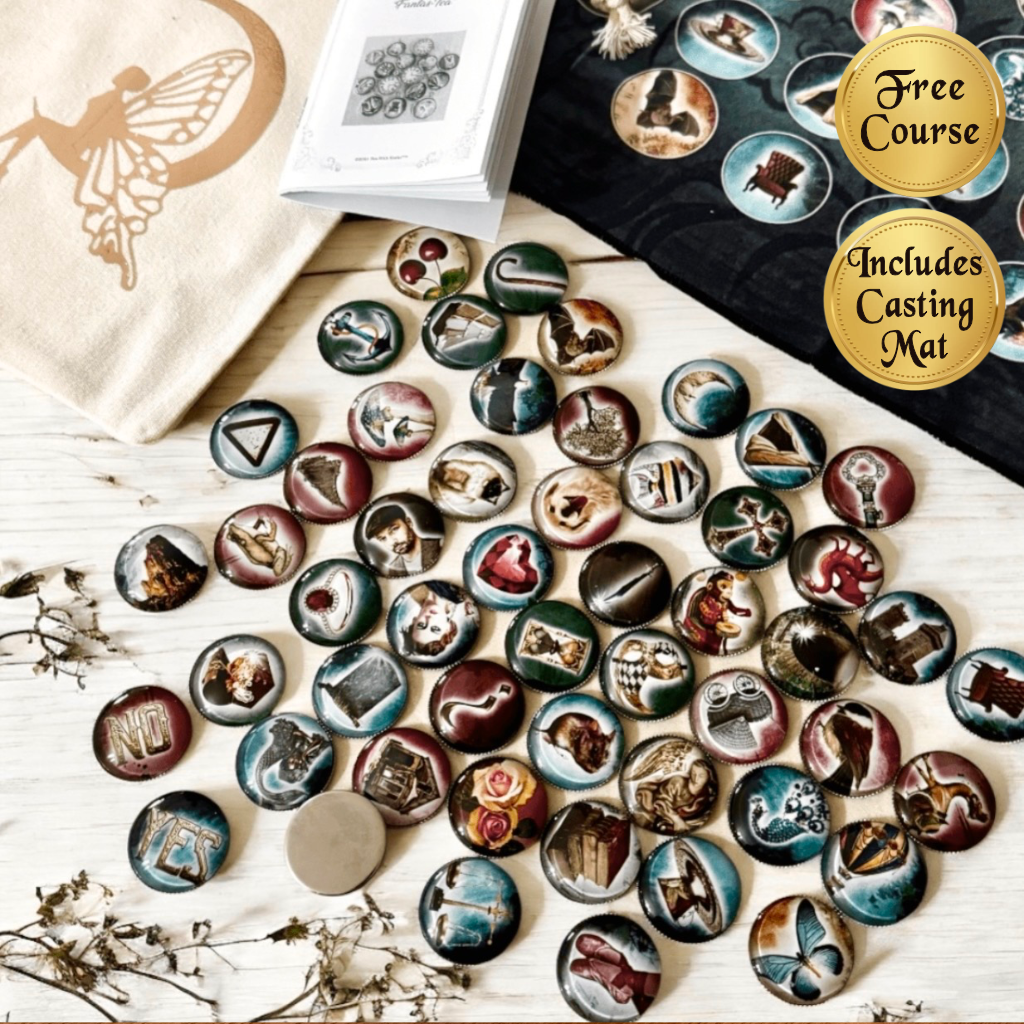 Collection of fairy themed divination coins on a wooden surface with promotional text for a free course and casting mat.