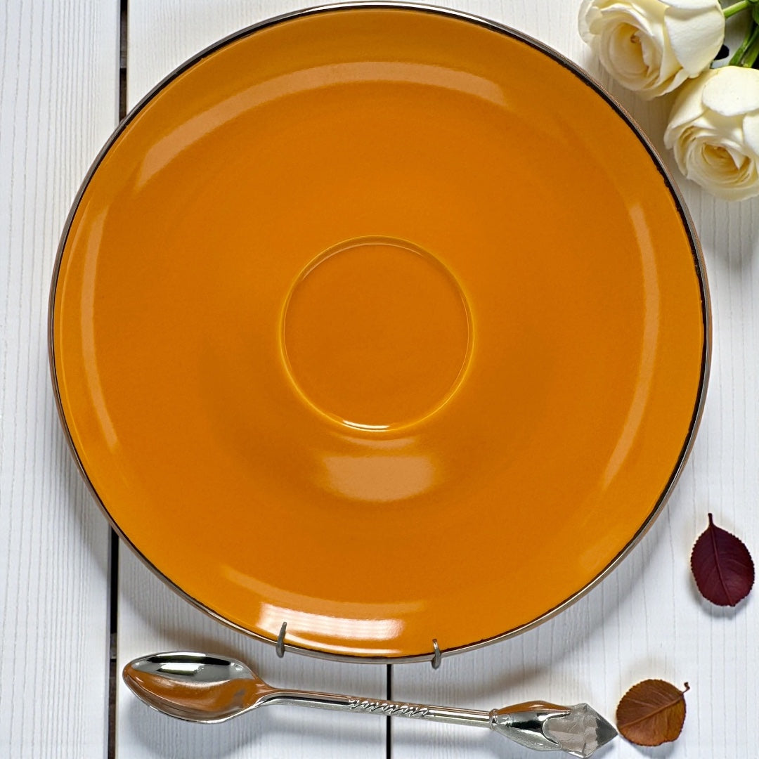 A bright orange ceramic saucer with silver trim shown with a silver teaspoon featuring a crystal end on a white wood surface.