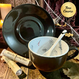 Jet black Halloween tea leaf reading teacup and saucer set with free course badge