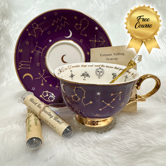 Limited Edition Purple Tarot Tea cup and saucer set. Astrology teacup with Tarot suits.Real 24kt gold. Full tea leaf reading kit FREE course