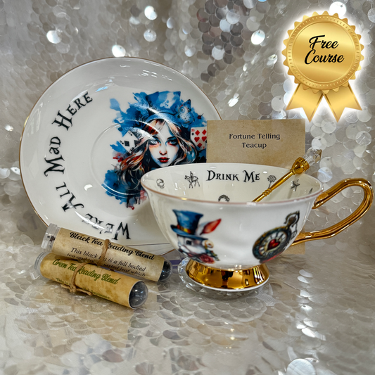 Alice in Wonderland Tea cup and saucer set. Punk style Alice. Learn tea leaf reading the easy way. FREE online course.