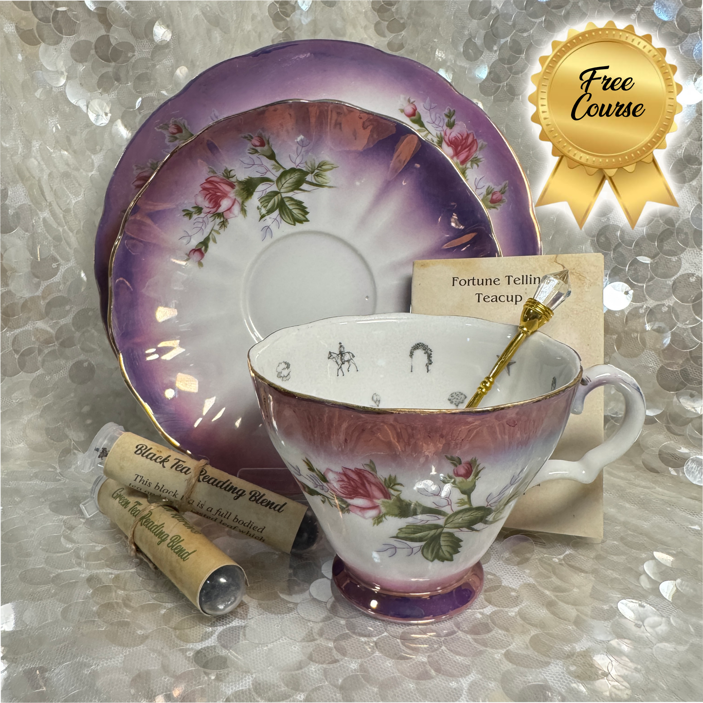 Vintage Roses tea cup and saucer set. Teacup trio set. FREE online course learn to read fortune teller tea cups.