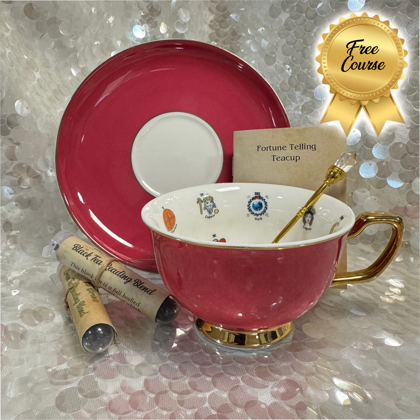 Hot Pink Tea cup and saucer set. 22 Major Arcana Tarot Symbols. Tea leaf reading kit with FREE course.