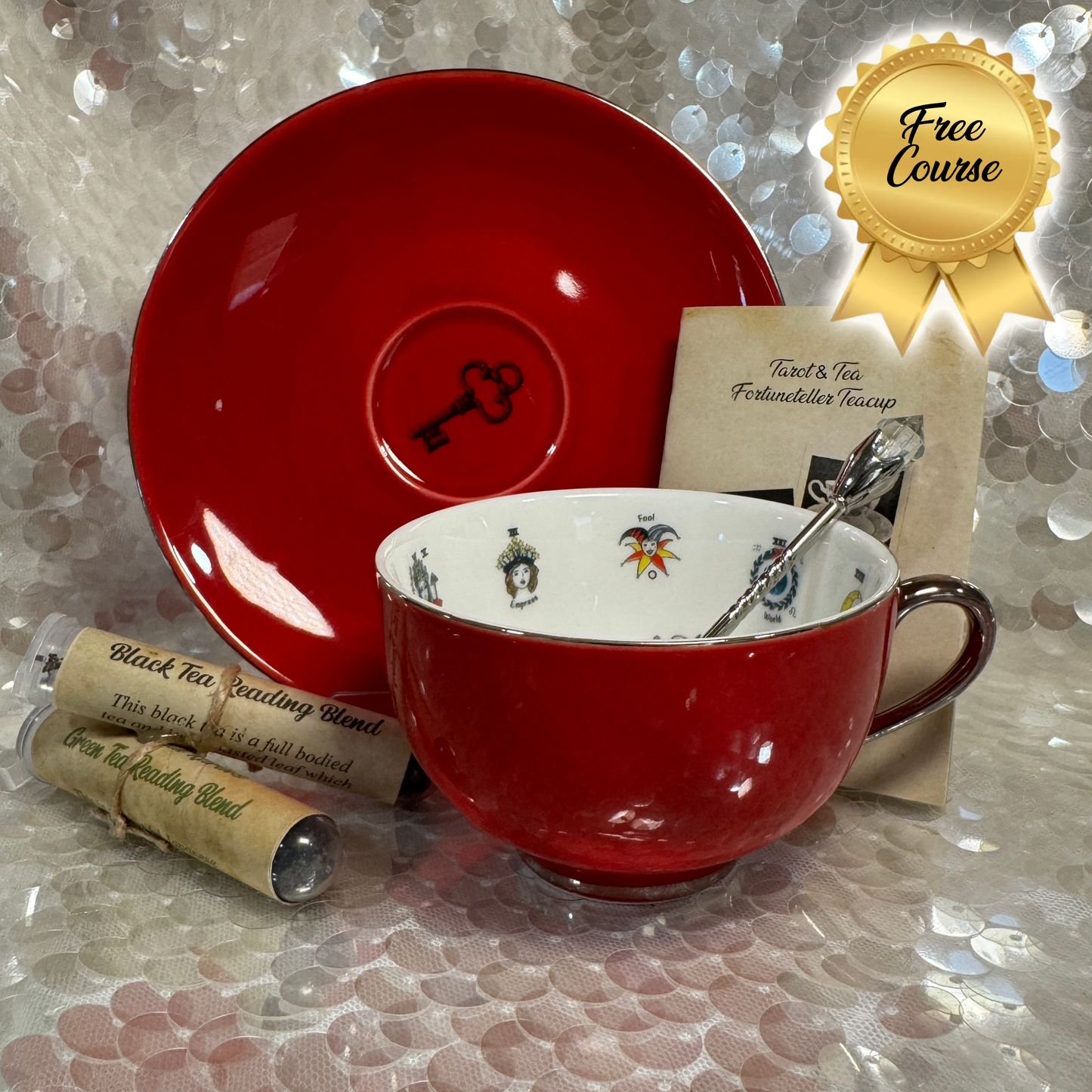 Red Tea cup and saucer set. 22 Major Arcana Tarot Symbols. Tea leaf reading kit with FREE course.