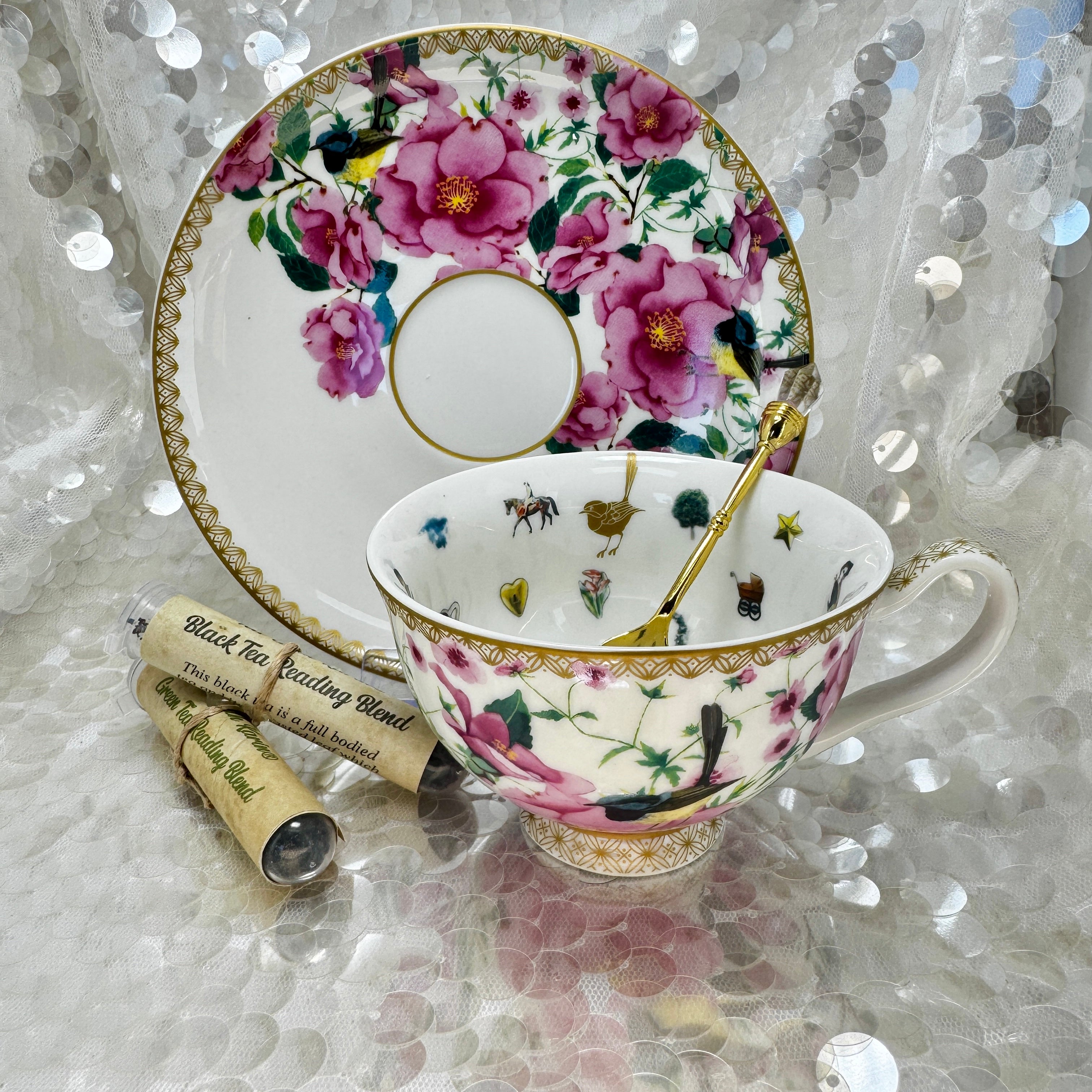 White blue wren tea set. Used for tea leaf reading. Free course available. 