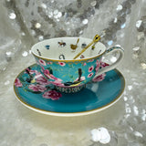 Gold teaspoon included. Aqua blue wren tea set. Used for tea leaf reading. Free course available. 