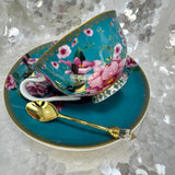 Left side view. Aqua blue wren tea set. Used for tea leaf reading. Free course available. 