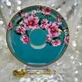 Saucer view. Aqua blue wren tea set. Used for tea leaf reading. Free course available. 
