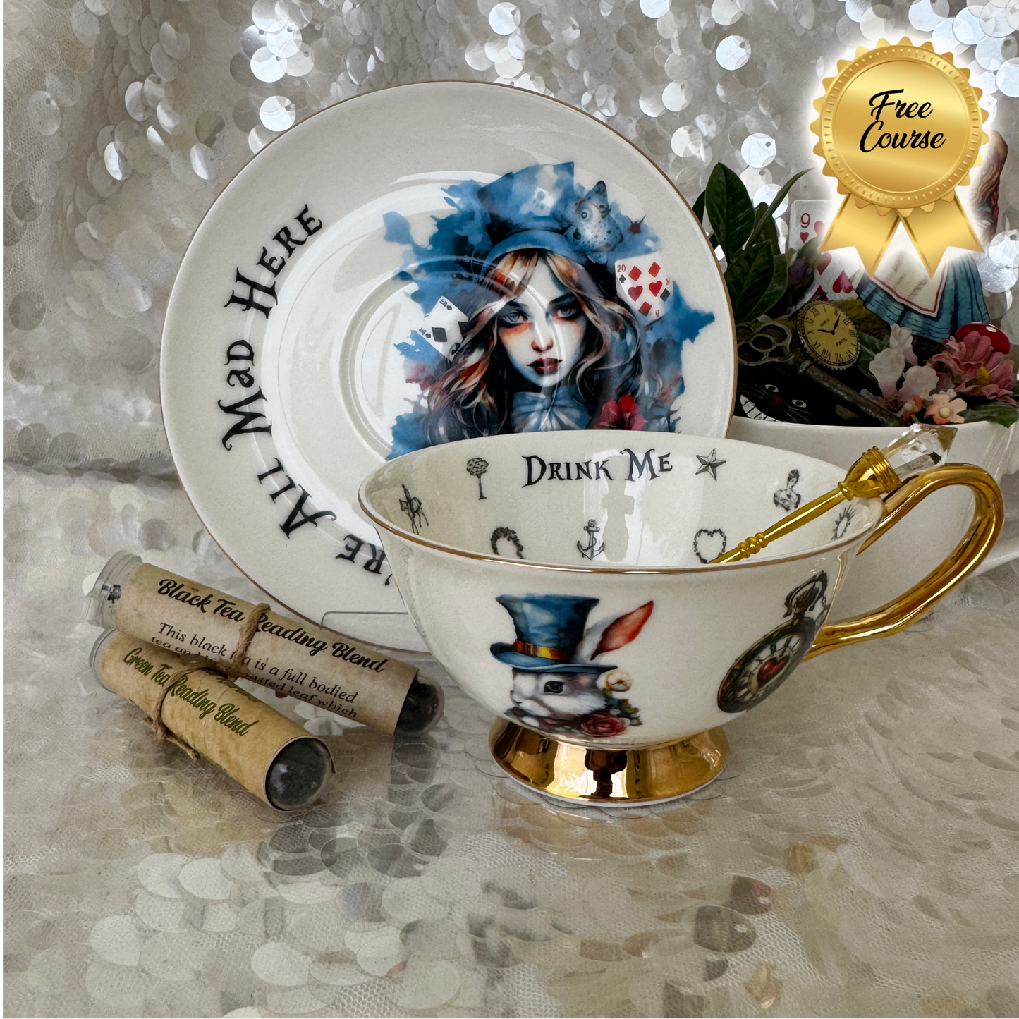 Alice in Wonderland Tea cup and saucer set. Punk style Alice. Learn tea leaf reading the easy way. FREE online course.