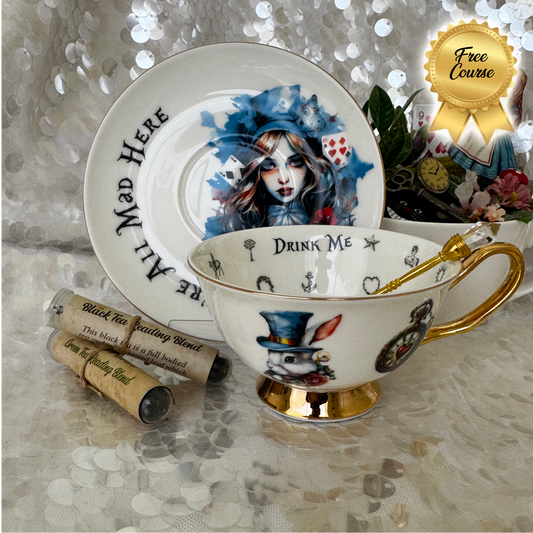 Alice in Wonderland Tea cup and saucer set. Punk style Alice. Learn tea leaf reading the easy way. FREE online course.