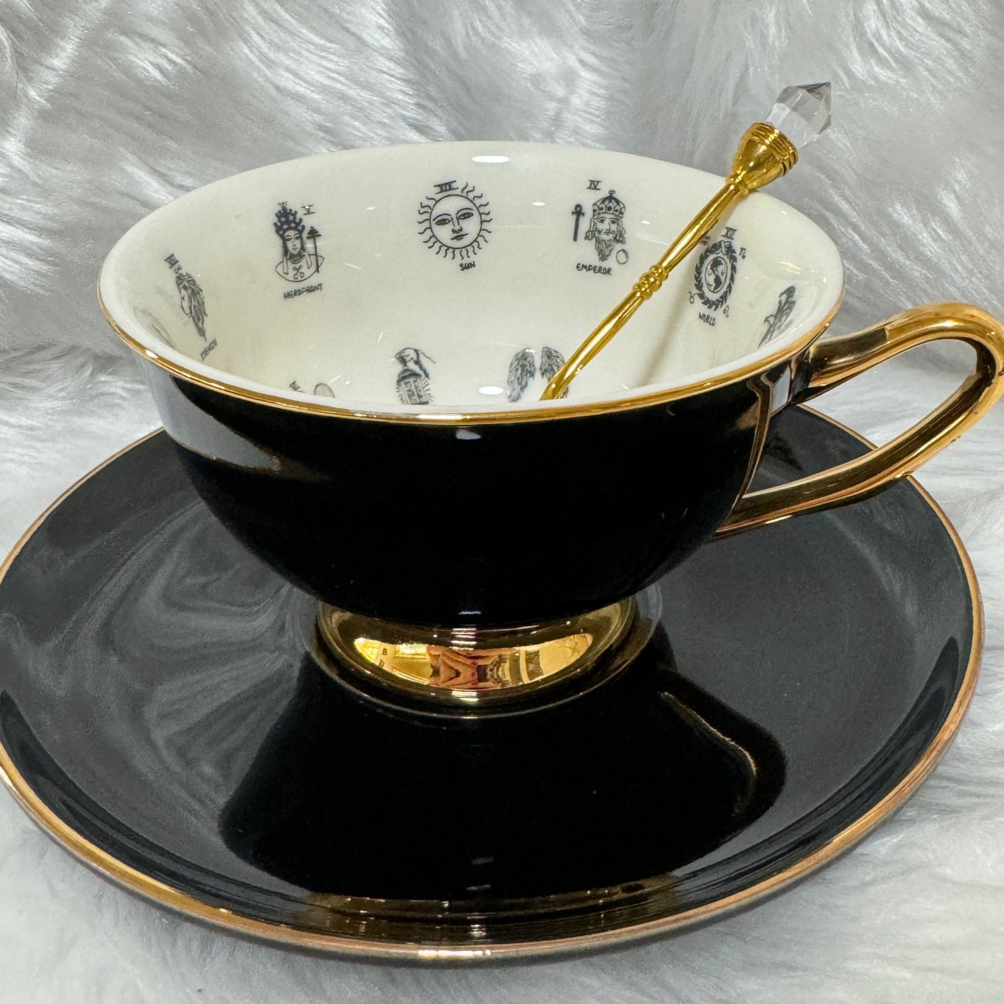 Jet Black and gold tea cup and saucer set. 22 Major Arcana Tarot Symbols. Tea Leaf Reading Set