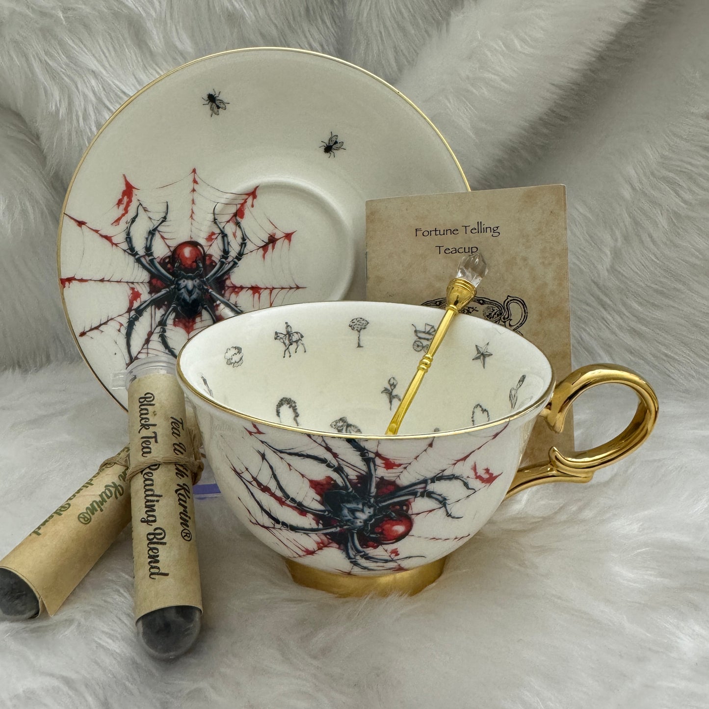 Halloween Spider tea leaf reading teacup set. Goth gift.