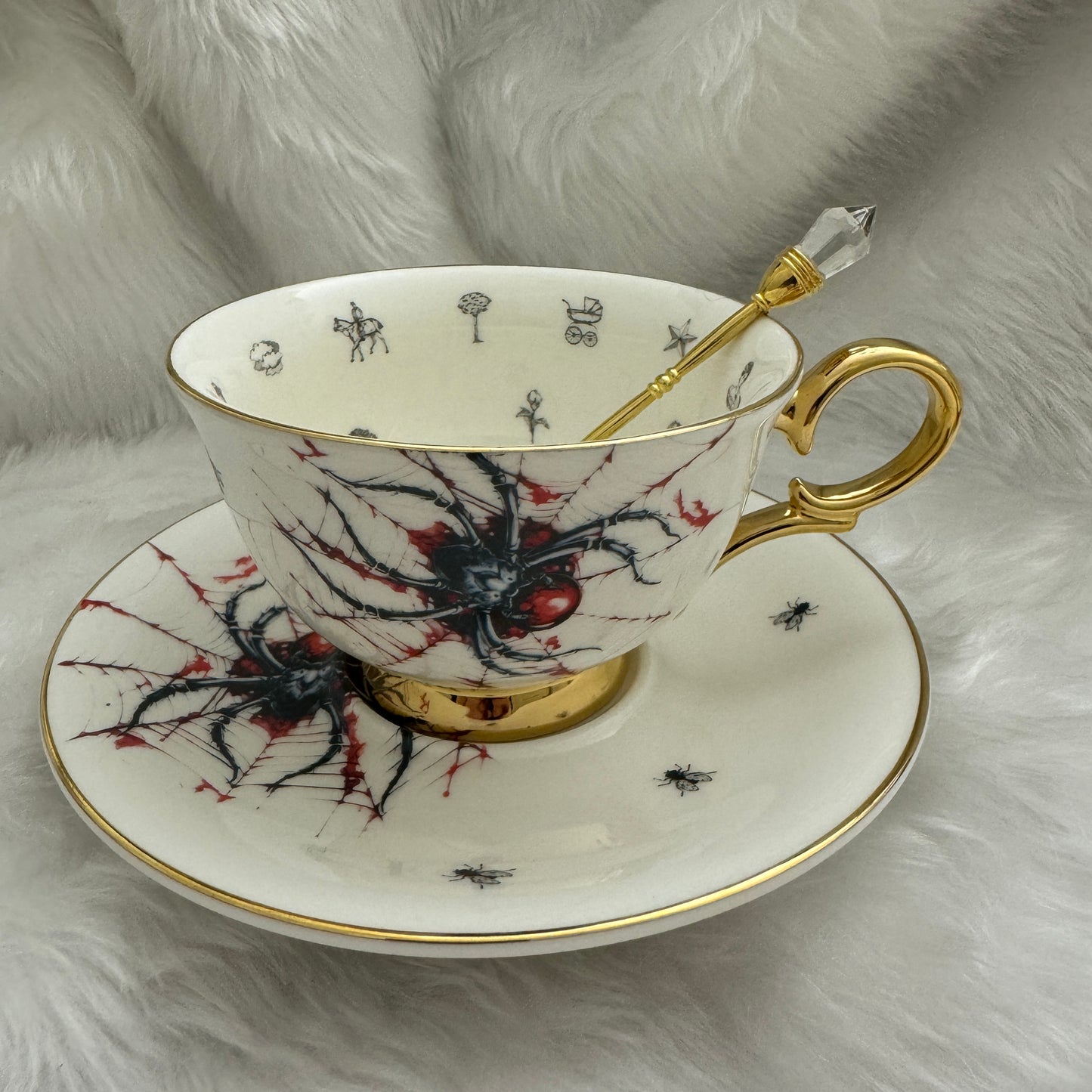 Halloween Spider tea leaf reading teacup set. Goth gift.