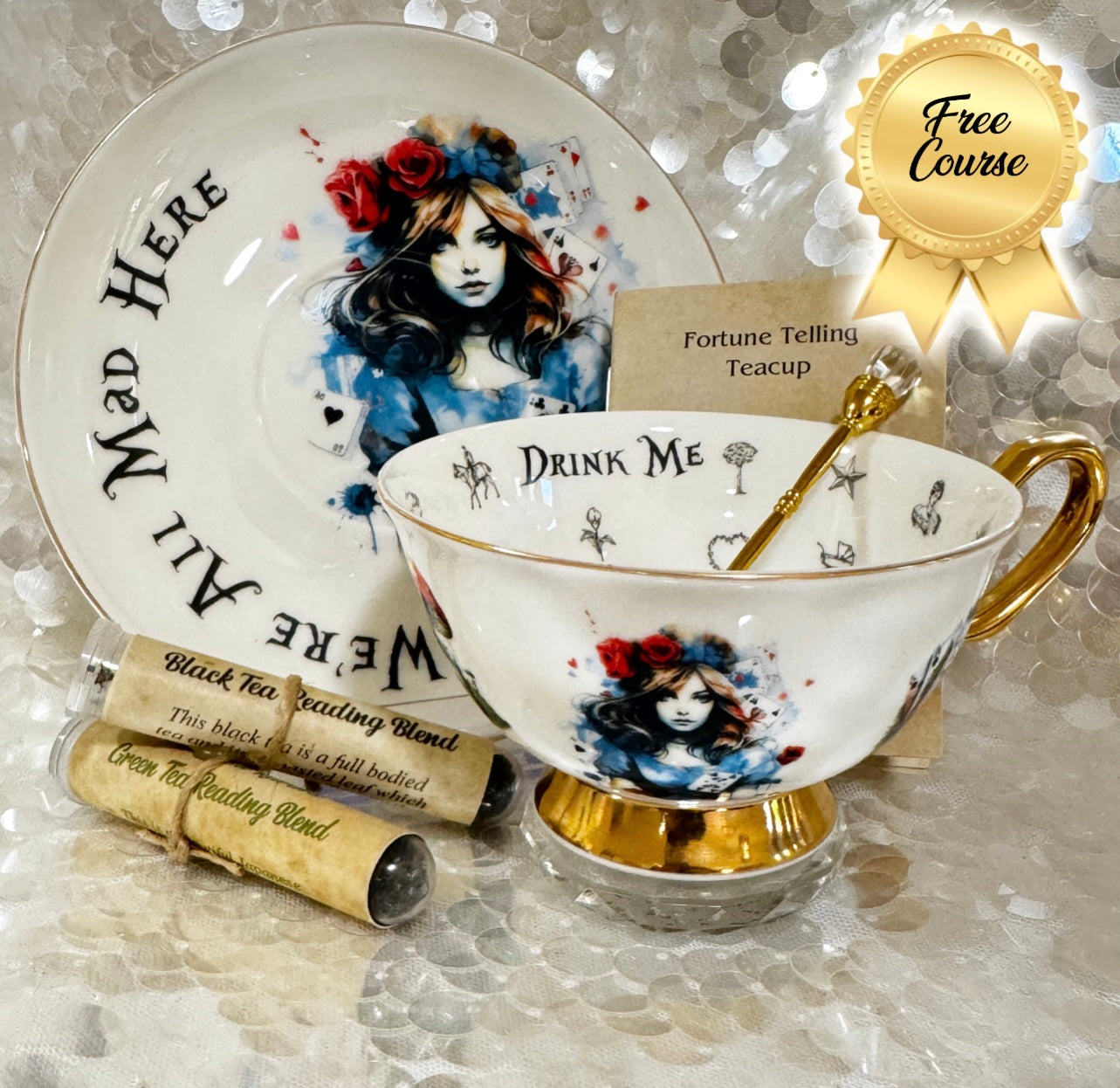 Whimsical Alice in Wonderland tea set with gold-accented teacup, saucer, and teaspoon, featuring vivid symbols inside the cup, perfect for tea leaf reading and divination

