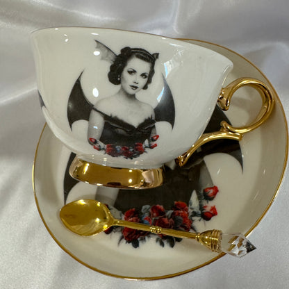 Bat Lady 5 Teacup and saucer set. Learn tea leaf reading the easy way. FREE online course. Halloween Teacup.