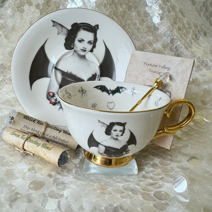 Bat Lady 6 Teacup and saucer set. Learn tea leaf reading the easy way. FREE online course. Halloween Teacup.