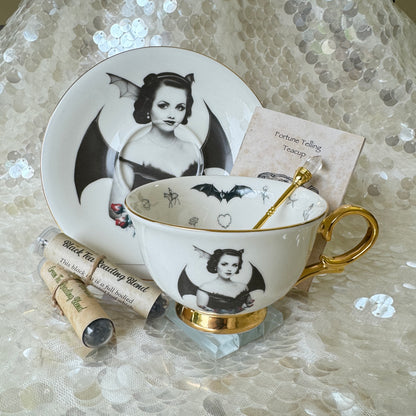 Bat Lady 6 Teacup and saucer set. Learn tea leaf reading the easy way. FREE online course. Halloween Teacup.