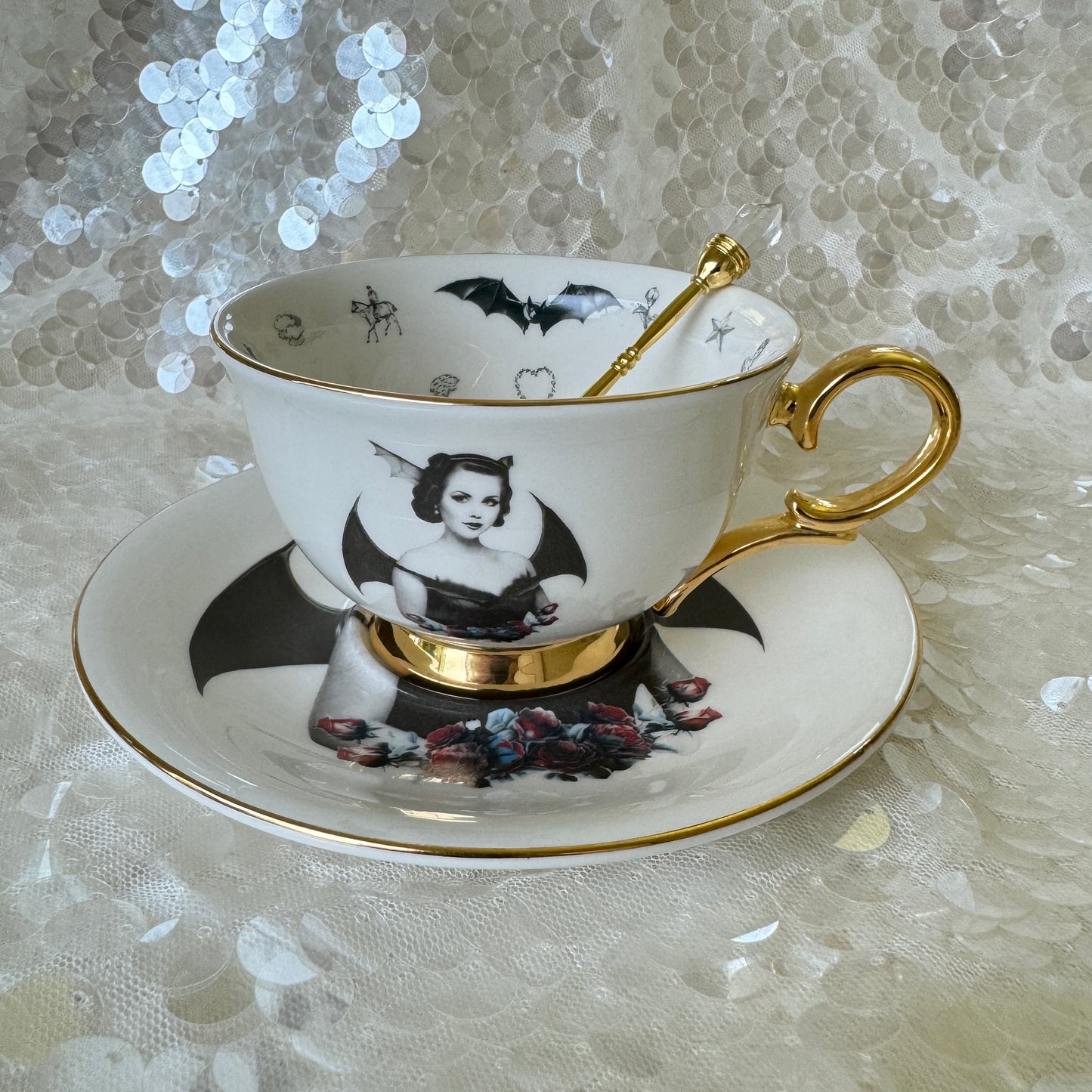 Bat Lady 6 Teacup and saucer set. Learn tea leaf reading the easy way. FREE online course. Halloween Teacup.