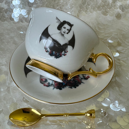 Bat Lady 6 Teacup and saucer set. Learn tea leaf reading the easy way. FREE online course. Halloween Teacup.