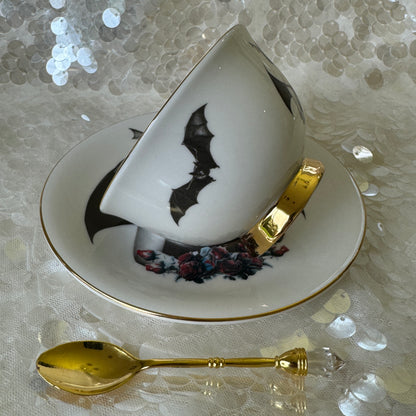 Bat Lady 6 Teacup and saucer set. Learn tea leaf reading the easy way. FREE online course. Halloween Teacup.