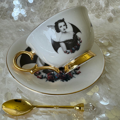 Bat Lady 6 Teacup and saucer set. Learn tea leaf reading the easy way. FREE online course. Halloween Teacup.