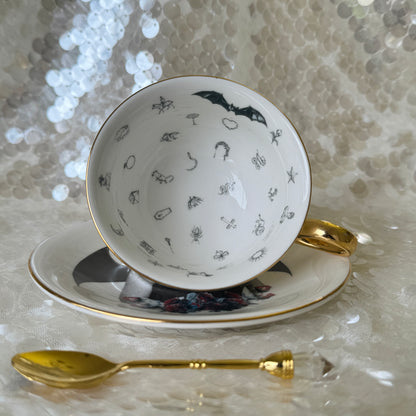 Bat Lady 6 Teacup and saucer set. Learn tea leaf reading the easy way. FREE online course. Halloween Teacup.