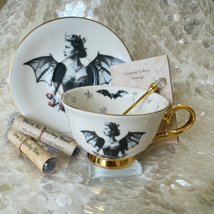 Bat Lady 1 Teacup and saucer set. Learn tea leaf reading the easy way. FREE online course. Halloween Teacup.