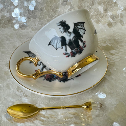 Bat Lady 1 Teacup and saucer set. Learn tea leaf reading the easy way. FREE online course. Halloween Teacup.