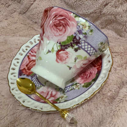 Pink Roses tea leaf reading teacup set. Fortune teller tea set. Tea Leaf Reading. Tarot Alternative.